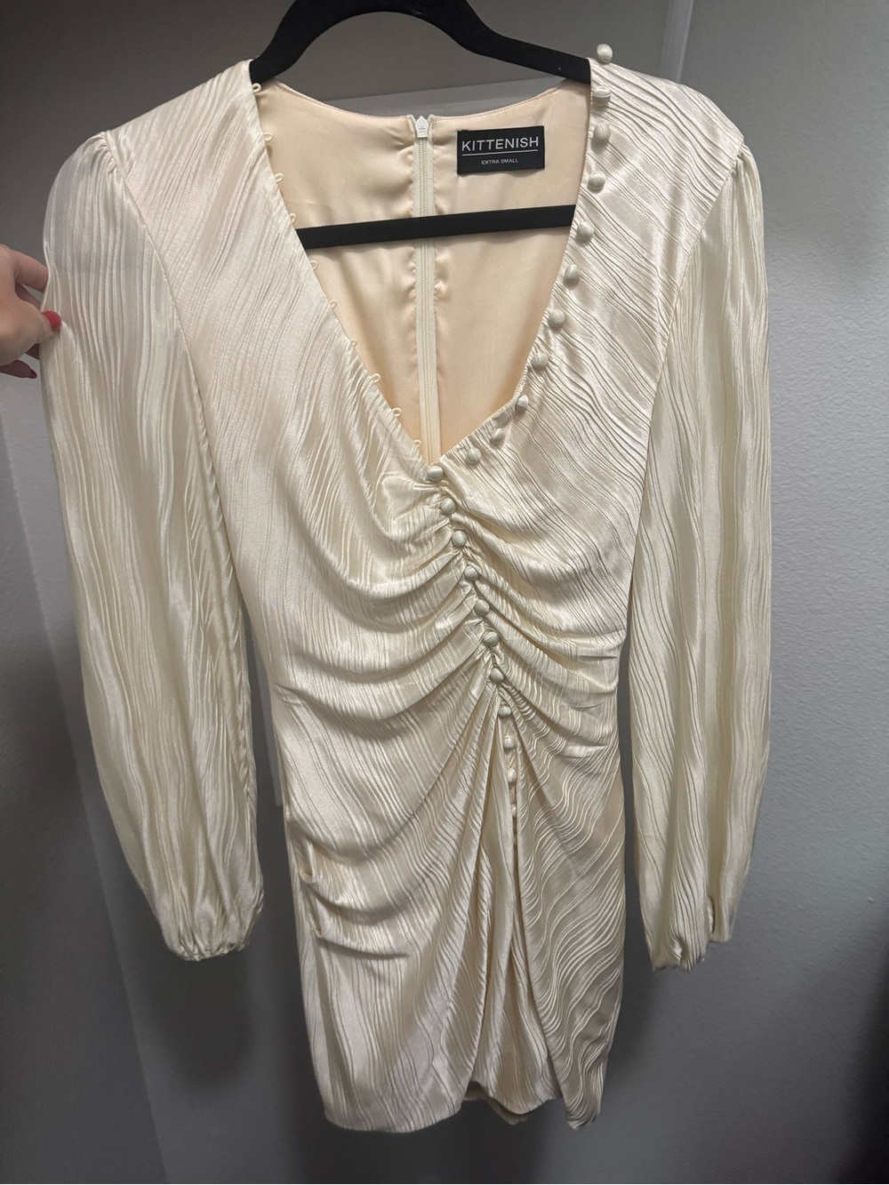 Kittenish Cream Ruched V-Neck Mini Dress